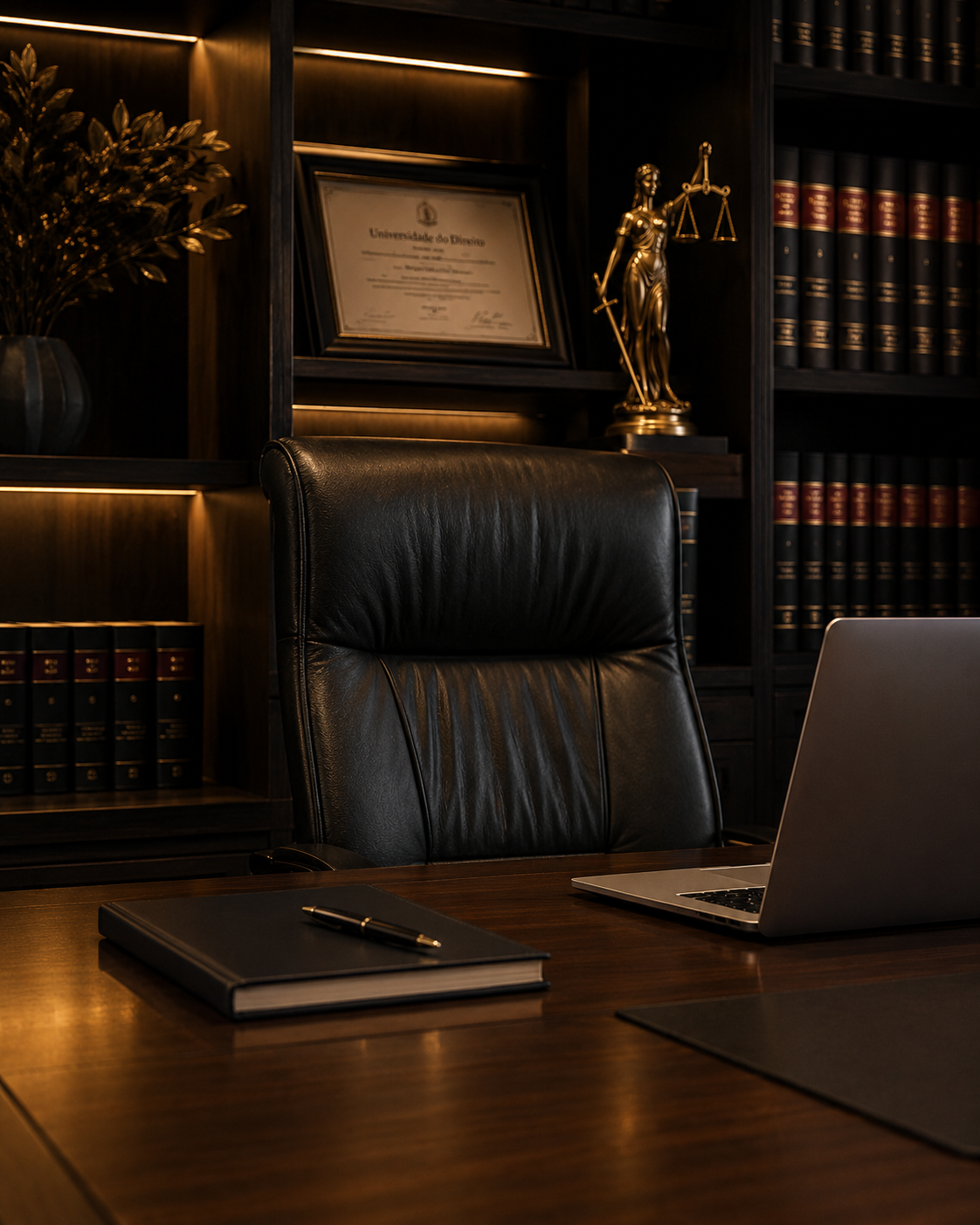 Escritório jurídico sofisticado com poltrona executiva, notebook, livros jurídicos, certificado e estátua da Justiça